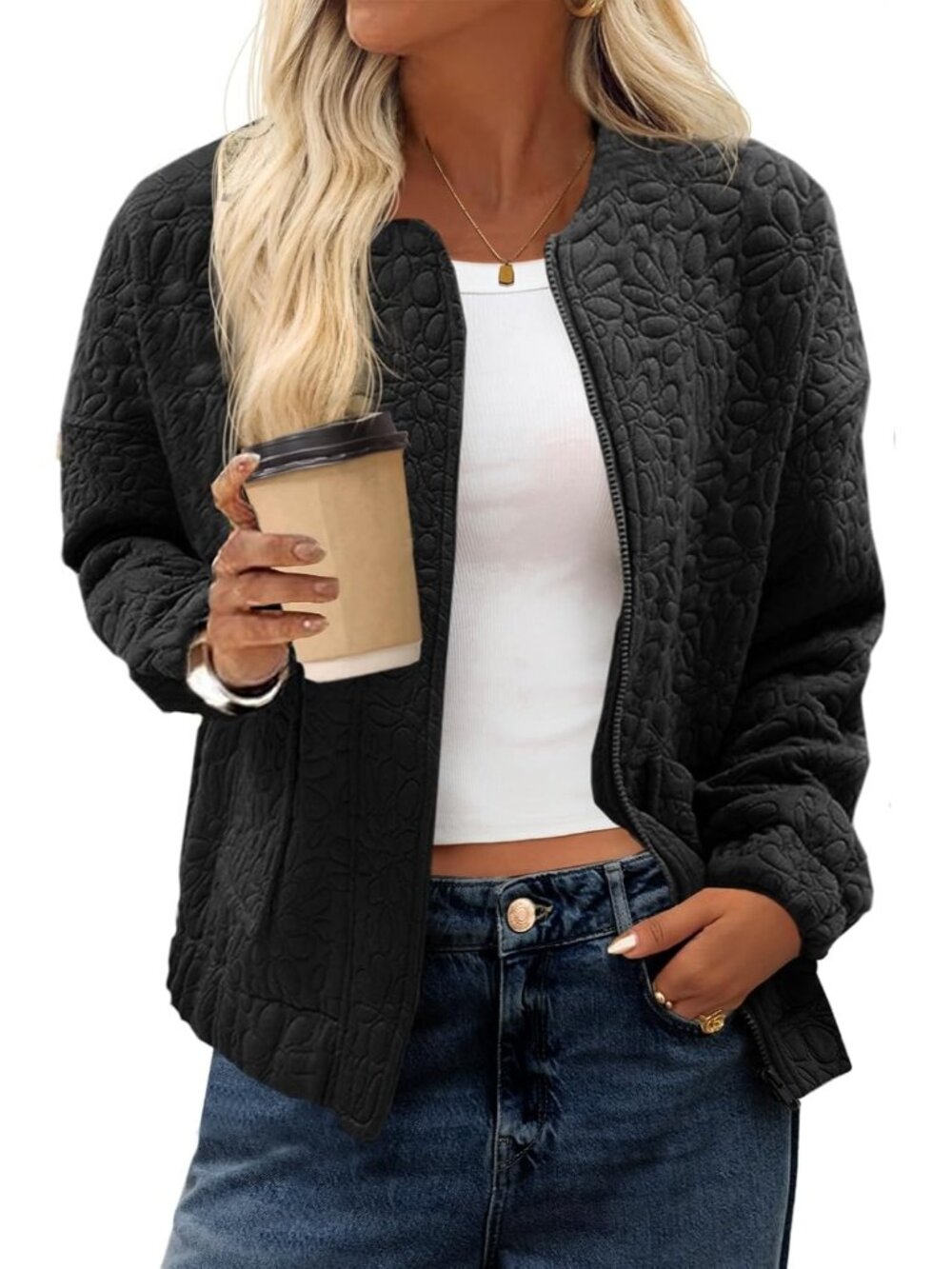 Women's Dark Black Jacquard Bomber Jacket Zip Up Lightweight Casual Fall Coat